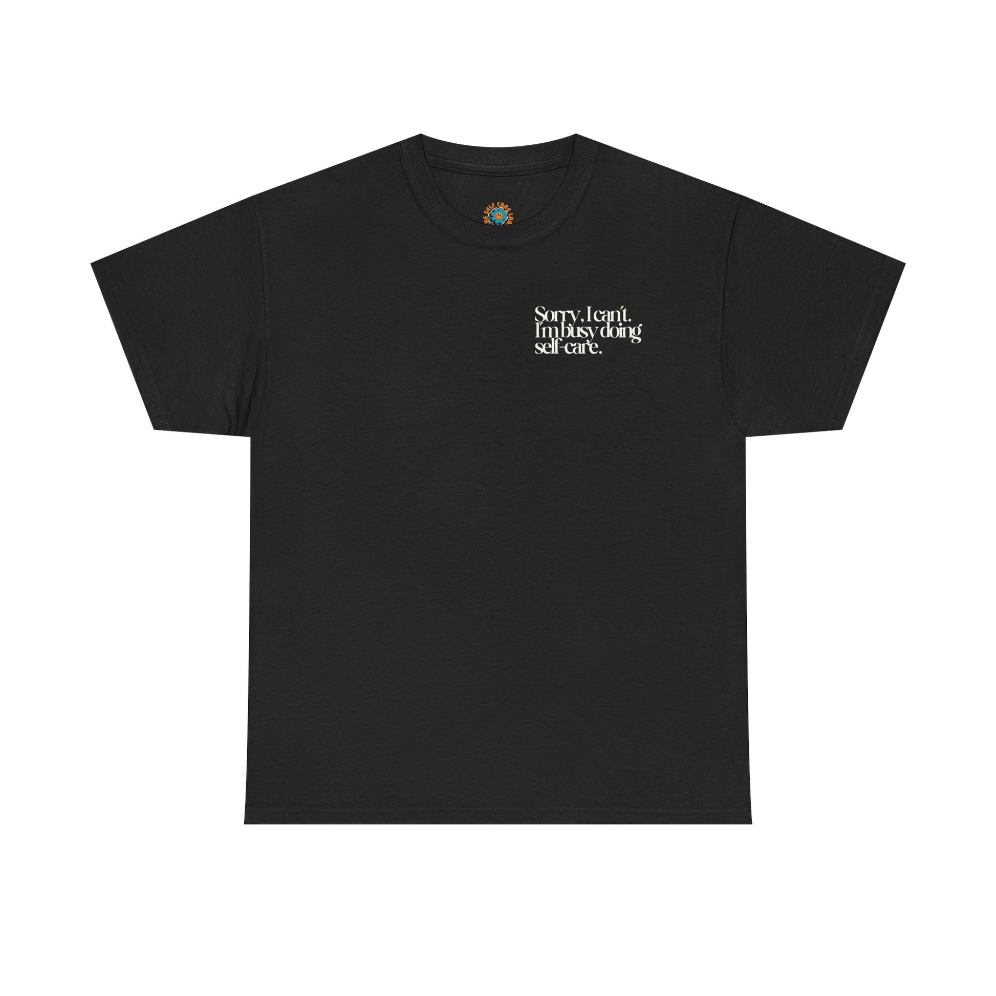 Black t-shirt with white text on a white background