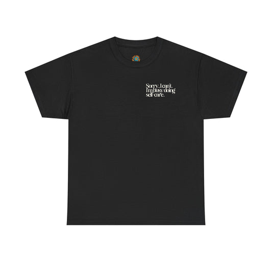 Black t-shirt with white text on a white background